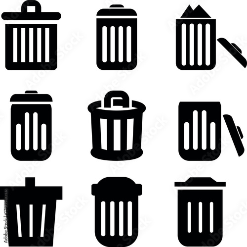 Trash Bin Icons Set. Garbage, Delete, Waste Basket Symbols