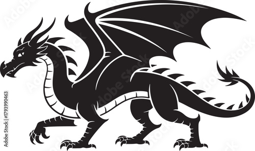 Black silhouette of a mythical winged dragon with sharp claws and horns walking forward