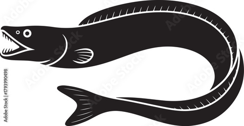Black silhouette of a moray eel with open mouth and sharp teeth on a white background