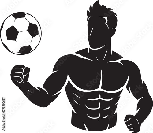 Black silhouette of muscular man with soccer ball flexing arm and fist athletic bodybuilder