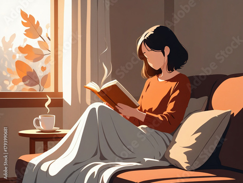 Cozy autumn afternoon reading with warm drink