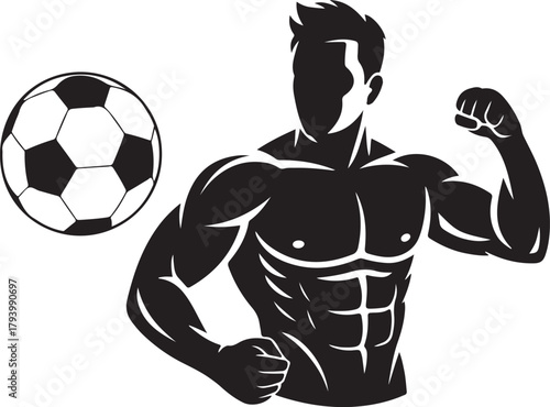 Black silhouette of muscular man flexing arm next to soccer ball graphic bodybuilder fitness