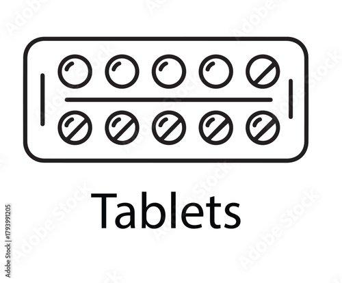 Outline drawing of a blister pack of tablets the blister pack contains ten tablets arranged in two rows, each tablet depicted as a circle with a cross