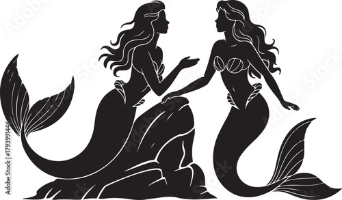 Two black silhouette mermaids with flowing hair and fishtails interacting on a rock white background