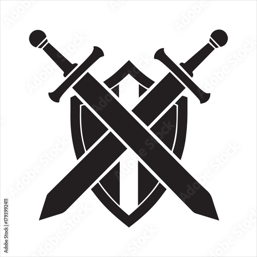 sword crossed with shield silhouette icon on transparent background