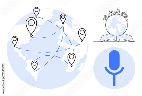 World map with location pins and connecting paths, open book with globe and plants, and microphone. Ideal for global communication, education, technology innovation, learning, networking