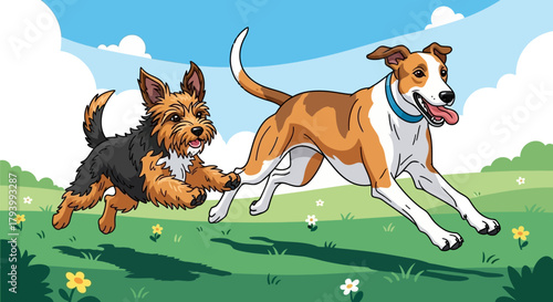 Two dogs running in a field of grass and flowers, enjoying the outdoors.