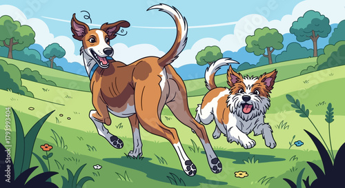 Two happy dogs running and playing in a green field with trees in the background.