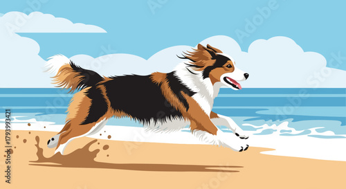 Dog running on the beach with blue sky and clouds in the background.