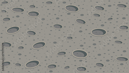 Cartoon lunar surface with craters and impact marks gray textured terrain