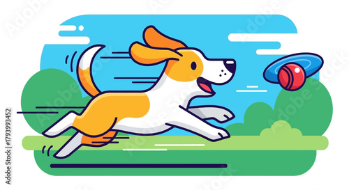 Cartoon dog running after a frisbee in a park with green grass.