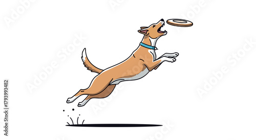 A dynamic illustration captures a joyful dog leaping high in the air, eagerly attempting to catch a flying disc with its mouth.