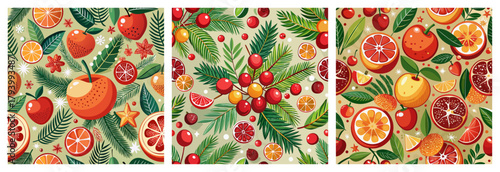 Christmas Fruit Seamless Pattern Collection with Apples, Pears, Cherries, and Pine Sprigs Vector Design