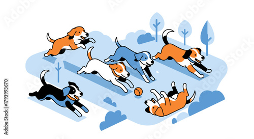 A playful group of diverse puppies joyfully frolicking and tumbling in an outdoor park setting.