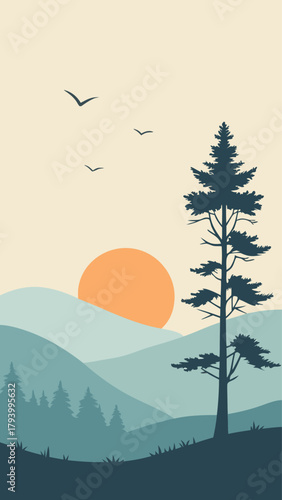 Mountain landscape with sun and birds