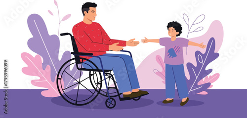 Joyful child embraces father in wheelchair, celebrating connection and family bonds in a vibrant, modern setting