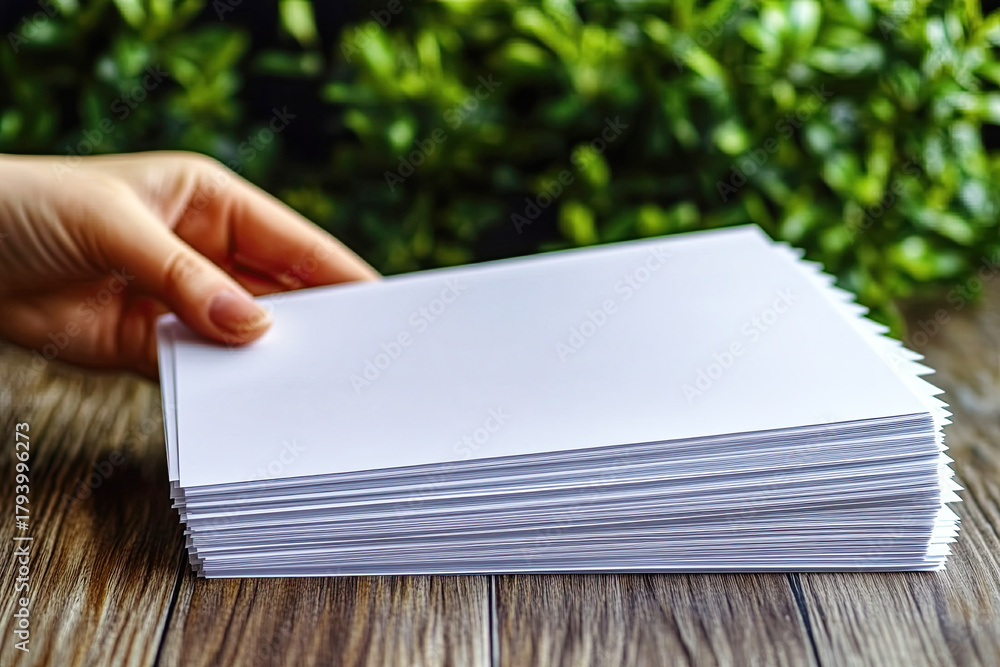 Fototapeta premium A hand holds a stack of blank papers against a backdrop of greenery, showcasing a simple yet clean workspace.