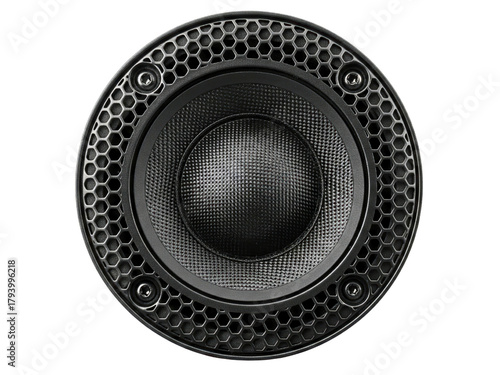 High fidelity tweeter speaker with carbon fiber dome and grille on a transparent background