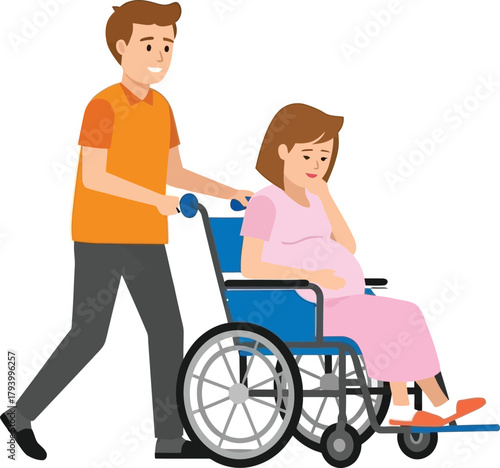 Caring partner gently pushes pregnant woman in wheelchair, embracing anticipation of new life and support.