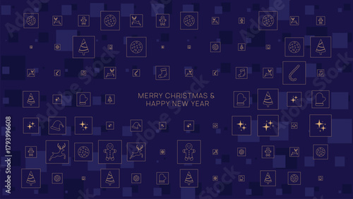 Flat Minimalist Christmas Icon Pattern Background with Navy Blue Square Mosaic and Gold Line Holiday Elements for Winter Greeting Card and Festive Banner Design