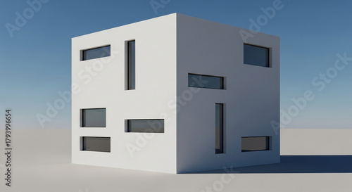Modern cube house with windows, a minimalist architectural design showcasing simplicity and geometric form in a residential building