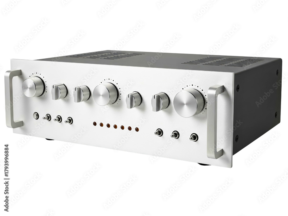 Fototapeta premium Vintage silver stereo integrated amplifier with knobs and switches on a transparent background