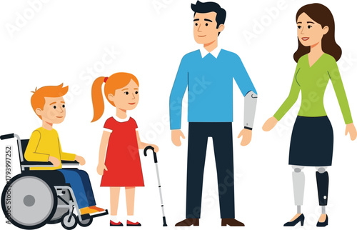 Diverse family embraces life with prosthetics and mobility aids celebrating inclusivity and ability in modern society