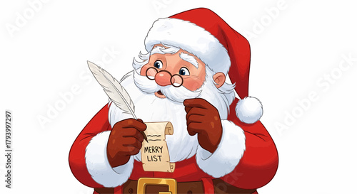 Thoughtful Santa Claus Writing on the Merry List with a Quill Pen