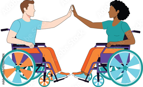 Diverse individuals in wheelchairs celebrate success with a high five, embodying inclusion and achievement in modern society