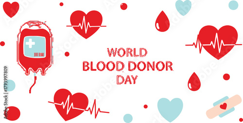 Celebrate World Blood Donor Day with vibrant hearts, blood bags, and vital signs, inspiring life-saving generosity and compassion.