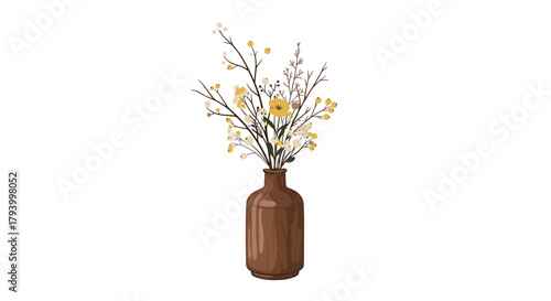 A delicate bouquet of small yellow flowers and branches in a brown ceramic vase.