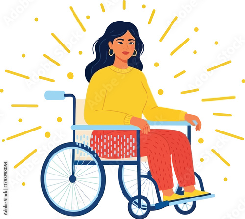 Confident woman in wheelchair radiates positivity and strength with bright, energetic rays surrounding her, symbolizing hope and empowerment.