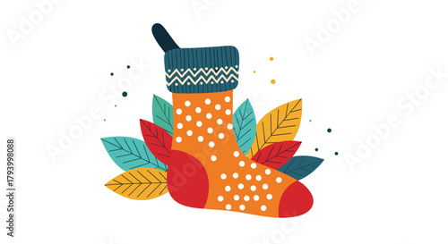 Cozy holiday stocking with festive leaves and celebratory confetti.