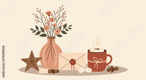 A cozy still life featuring a vase of flowers an envelope and a warm drink.