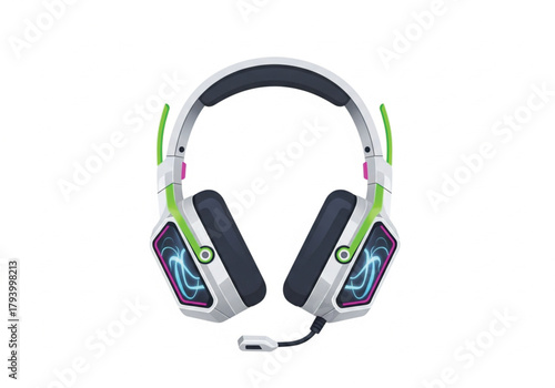 A modern white gaming headset with vibrant green and pink accents and a microphone, isolated on a white background.