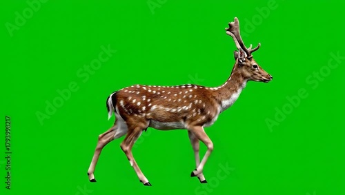 A majestic spotted deer stands gracefully, isolated against a vibrant green backdrop, its antlers proudly displayed, a symbol of wildlife in its natural habitat