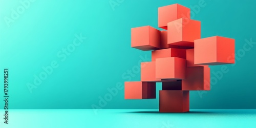 Orange 3d cubes stacked precariously on teal background, symbolizing balance, complexity,problem-solving. Ideal for business, technology, education blogs, or articles on strategy, stability, and in