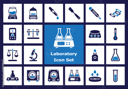 A professional Flat Color Icon Set for Chemistry, Biology, and Medical Laboratories. Icons feature simple, solid color shapes depicting research tools like titration apparatus, heating devices, balanc