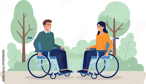 Smiling man and woman in wheelchairs connect outdoors amid lush greenery, promoting inclusivity and accessibility.