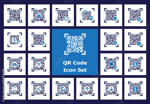A contemporary Flat Color Icon Set for QR Code Technology and Mobile Connectivity. Features solid color designs centered around scanning, security, payment links, and data transfer via QR codes. Excel