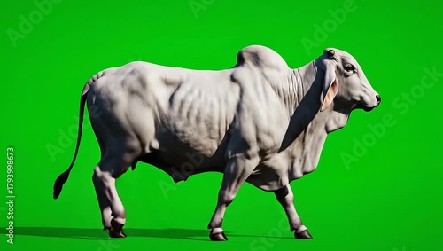 Majestic Bovine A Detailed Look at a Brahman Bull Against a Vibrant Green Backdrop. This striking image highlights the powerful physique and unique features of this impressive animal