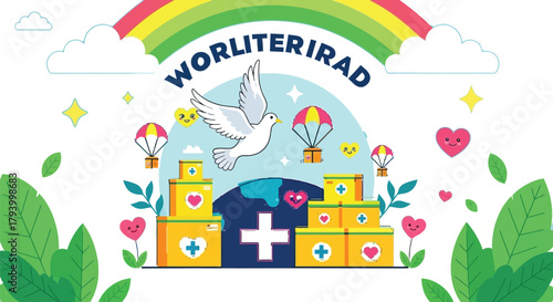 Spreading hope and aid worldwide with doves and parachutes delivering essential supplies on Humanitarian Day celebration