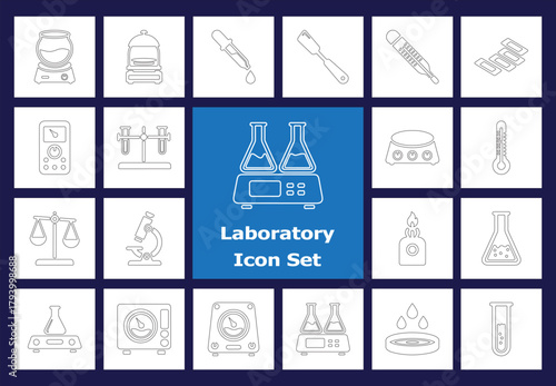 A detailed vector line icon collection for Laboratory and Scientific Research. This set includes essential equipment such as beakers, flasks, microscopes, thermometers, scales, test tubes, and scienti