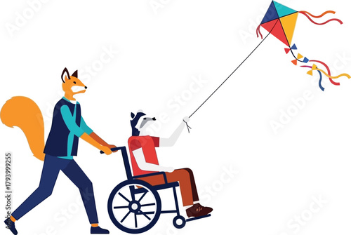 Joyful fox pushes badger in wheelchair flying kite celebrating friendship and summer outdoor fun