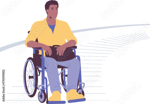 Confident professional man in wheelchair with briefcase navigating modern accessible pathway, symbolizing independence and opportunity.