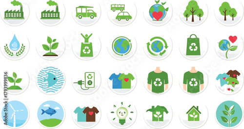 Vibrant collection of eco friendly icons promoting sustainability and green living, perfect for environmental campaigns and conscious brands seeking to inspire change.