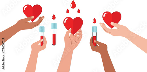 Diverse hands share vital blood donations and hearts, symbolizing life-saving generosity and community support.