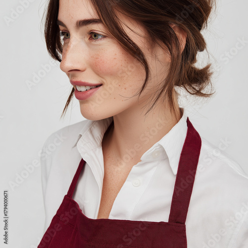 women close up wearing a blank apron