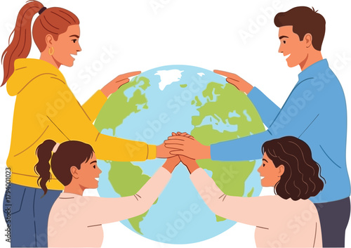 Diverse family joins hands around the globe symbolizing unity, global connection, and shared future for all humanity in vibrant style