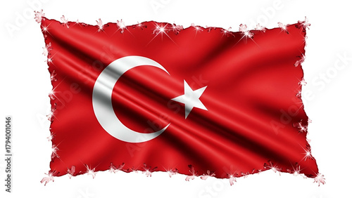 National banner featuring a star and crescent motif rendered with silky texture and sparkling, ragged edges against a dark background